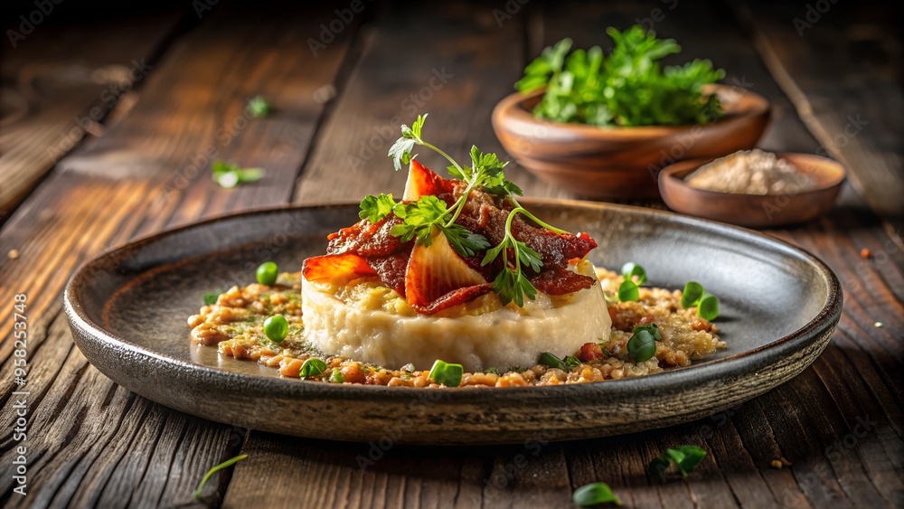 Banosh Bliss: Visually Stunning Presentation of Traditional Ukrainian Dish. Exquisite Photograph of Beautifully Plated Portion Set Against a Backdrop of Rustic Elegance. Banosh Bliss: Visually Stunning Presentation of Traditional Ukrainian Dish. Exquisite Photograph of Beautifully Plated Portion Set Against a Backdrop of Rustic Elegance.