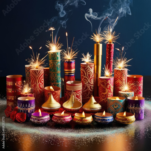 Colorful Diwali Crackers and Festive Celebrations for Indian Festival of Lights