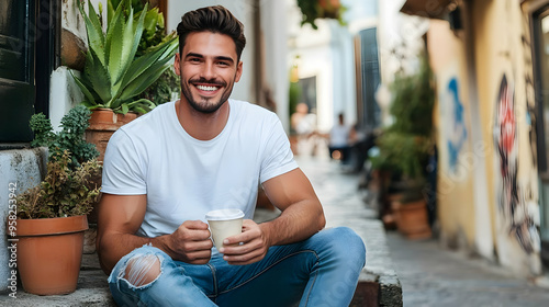 A good looking man in a simple white T-shirt and jeans, sitting on the ste photo