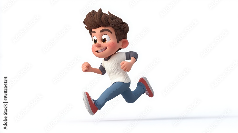 A 3D cartoon character running with a determined expression, arms pumping and legs in mid-stride, on a white background A 3D cartoon character running with a determined expression, arms pumping and legs in mid-stride, on a white background