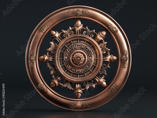 Bronze Dharmachakra Wheel with Intricate Ornamental Details on Dark Background

 photo