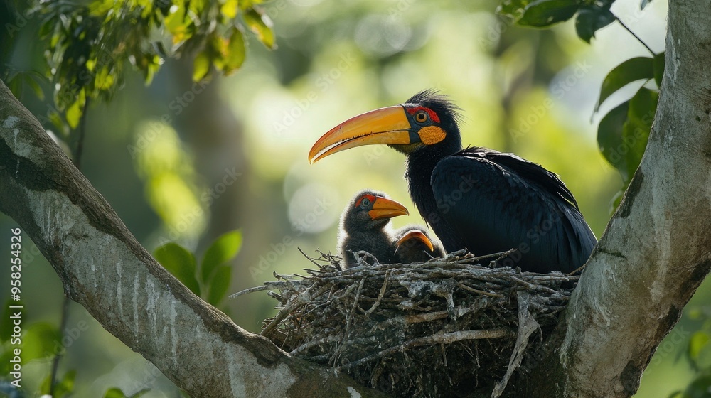 Obraz premium A Hornbill feeding its young in a nest, high up in a tree.