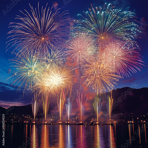 firework on new years evening, night background with colorful firework in the dark sky photo