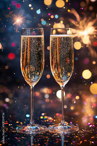 two glasses champagne with a festive background photo