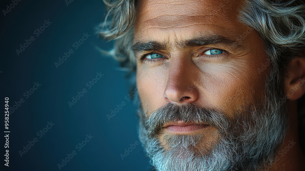 Handsome middle-aged man with silver hair and blue eyes gazing confidently in a studio portrait. Mature male model, confident look, mature beauty, professional photography, stylish fashion appearance. Handsome middle-aged man with silver hair and blue eyes gazing confidently in a studio portrait. Mature male model, confident look, mature beauty, professional photography, stylish fashion appearance.