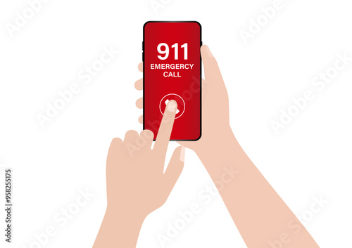 911 Emergency Call. Hand Holding Smartphone with 911 Emergency Call. Vector Illustration. 