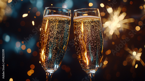 two glasses champagne with a festive background photo