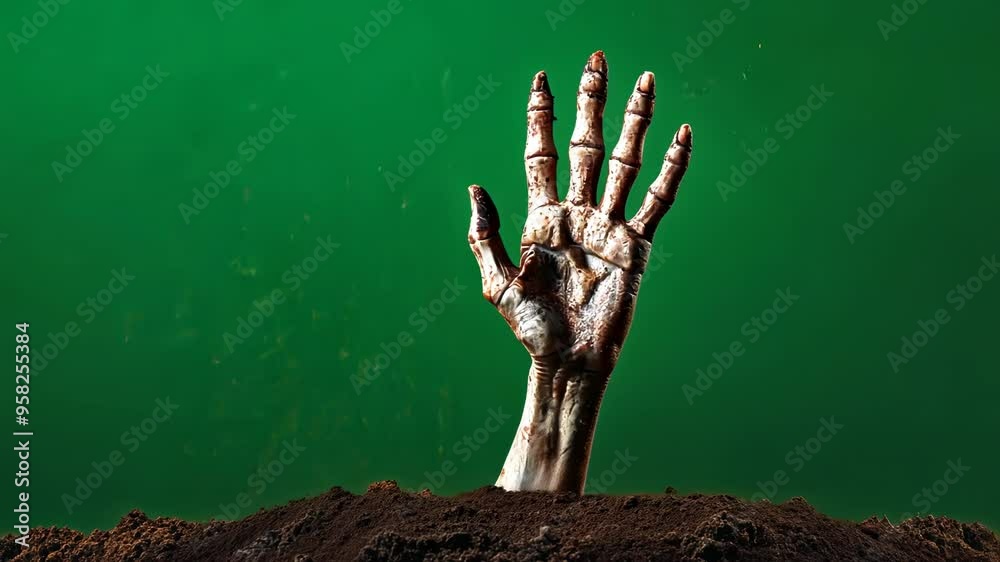 A spooky skeleton hand emerging from the ground against a green background, perfect for Halloween concepts and horror-themed designs