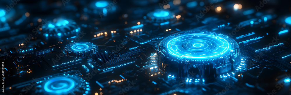 “Blue Digital Background with Futuristic Elements and Glowing Lights”

