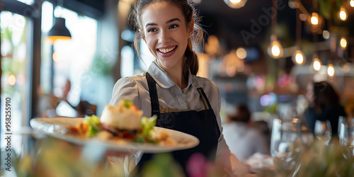 Waitress delivering a beautifully plated dish to a table, with a friendly smile and attentive service.