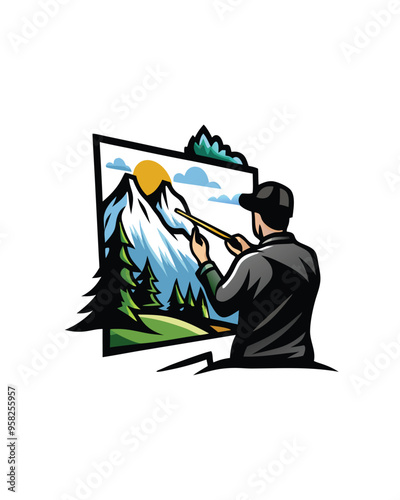 A person painting a mural of a mountain landscape on the side of a building.