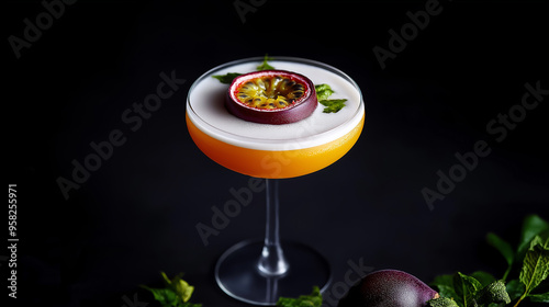 a cocktail coupette glass with a pornstar martini cocktail and passion fruit slices on a black background photo