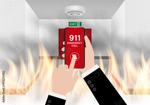 911 Emergency Call for Fire Truck about Burning House and Burning Building. Hand Holding Smartphone with 911 Emergency Call. Vector Illustration. 