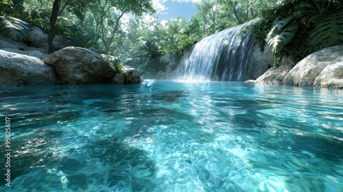 A serene waterfall cascading into a crystal-clear pool, surrounded by lush greenery, epitomizing untouched natural beauty.