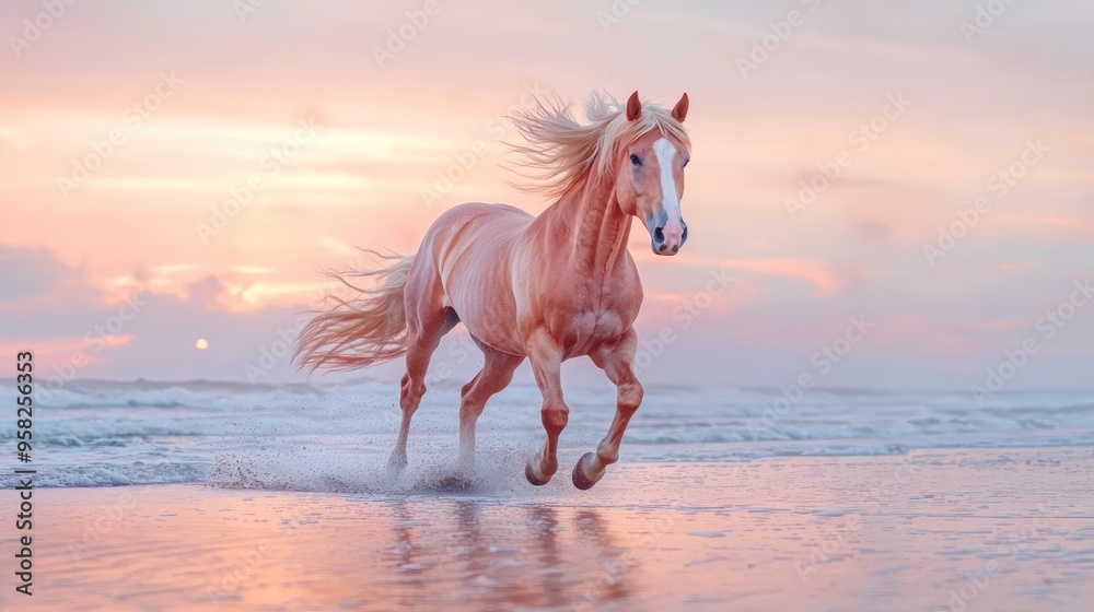 A wild horse running freely across a beach at sunset, its mane flowing in the wind, representing untamed grace and freedom.