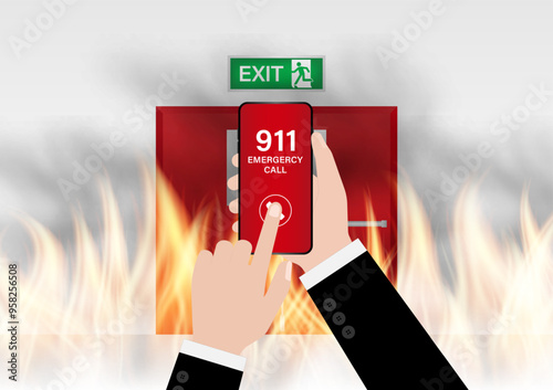 911 Emergency Call for Fire Truck about Burning House and Burning Building. Hand Holding Smartphone with 911 Emergency Call. Vector Illustration. 