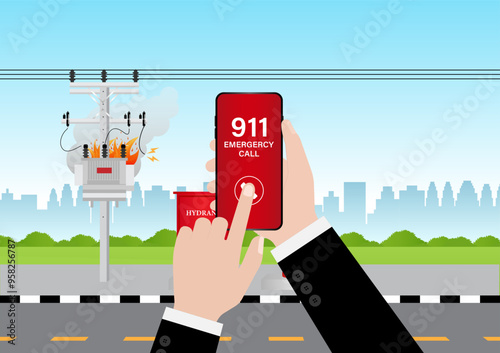911 Emergency Call for Fire Truck about Burning House and Burning Building. Hand Holding Smartphone with 911 Emergency Call. Vector Illustration. 