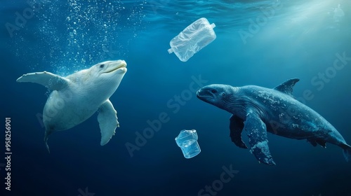 Aquatic mammals feeding in waters polluted with microplastics, showing the broader impact on the food chain. photo