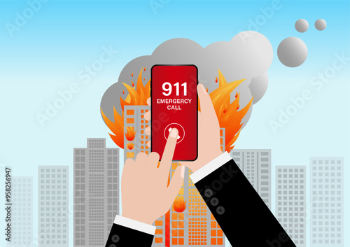 911 Emergency Call for Fire Truck about Burning House and Burning Building. Hand Holding Smartphone with 911 Emergency Call. Vector Illustration. 