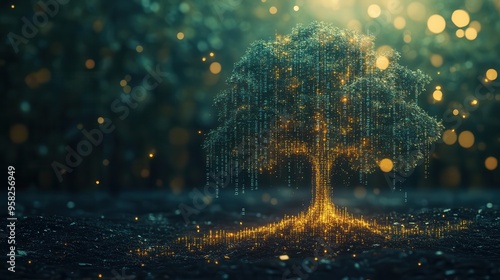 Digital tree growing from financial symbols, light bokeh effects, eco-friendly finance, growth innovation photo