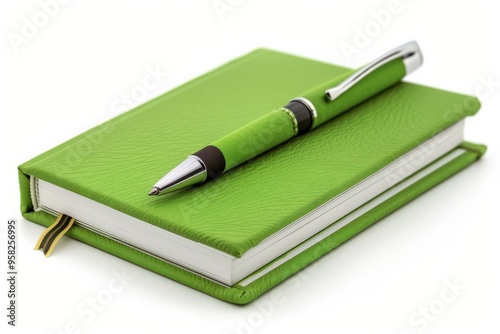 Green Notebook and Pen on White Background. Stationery for Writing