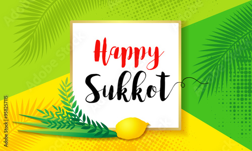 Happy Sukkot greeting card with etrog, lulav, palm leaf and geometric shape. Jewish traditional holiday banner with four spices and herbs - lulav, etrog, aravah, hadass. Vector illustration photo