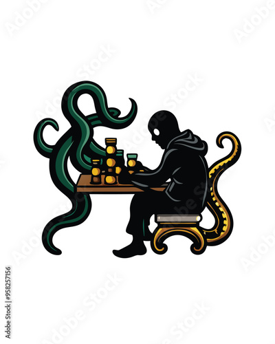 A person sits at a table playing chess with a giant octopus, with pieces laid out on the board.