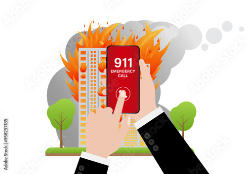 911 Emergency Call for Fire Truck about Burning House and Burning Building. Hand Holding Smartphone with 911 Emergency Call. Vector Illustration. 