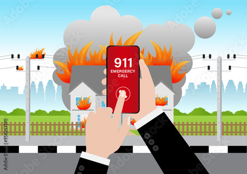 911 Emergency Call for Fire Truck about Burning House and Burning Building. Hand Holding Smartphone with 911 Emergency Call. Vector Illustration. 