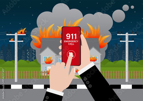 911 Emergency Call for Fire Truck about Burning House and Burning Building. Hand Holding Smartphone with 911 Emergency Call. Vector Illustration. 