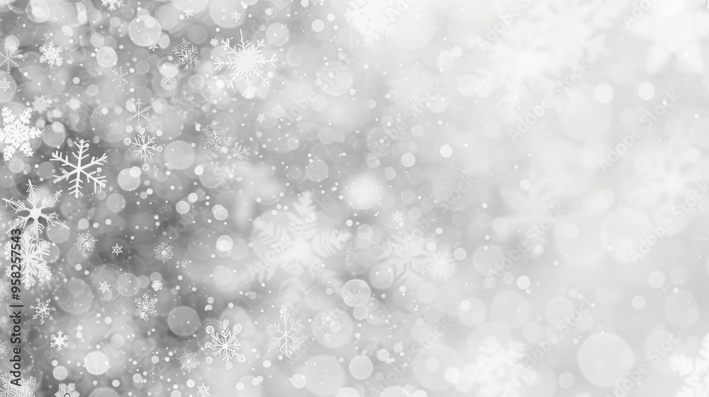 Festive Silver Winter Christmas Holiday Background, Snowflakes and Abstract Bokeh Lights Design