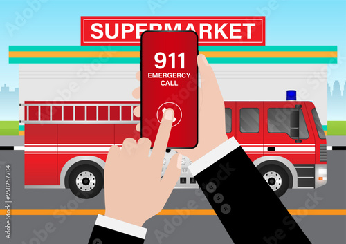 911 Emergency Call for Fire Truck about Burning House and Burning Building. Hand Holding Smartphone with 911 Emergency Call. Vector Illustration. 