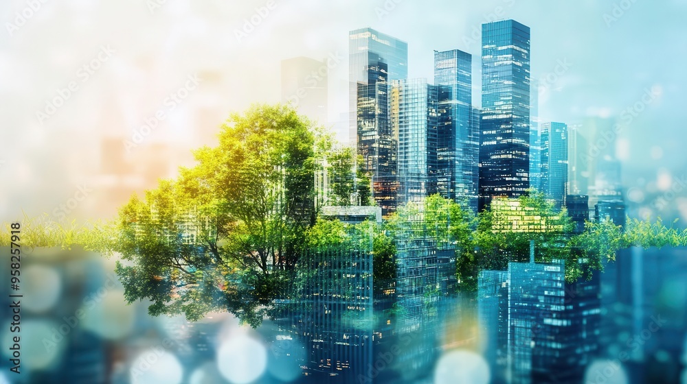 Interactive sustainability report for business, copy space, corporate green strategies, vibrant, double exposure, eco-friendly city backdrop