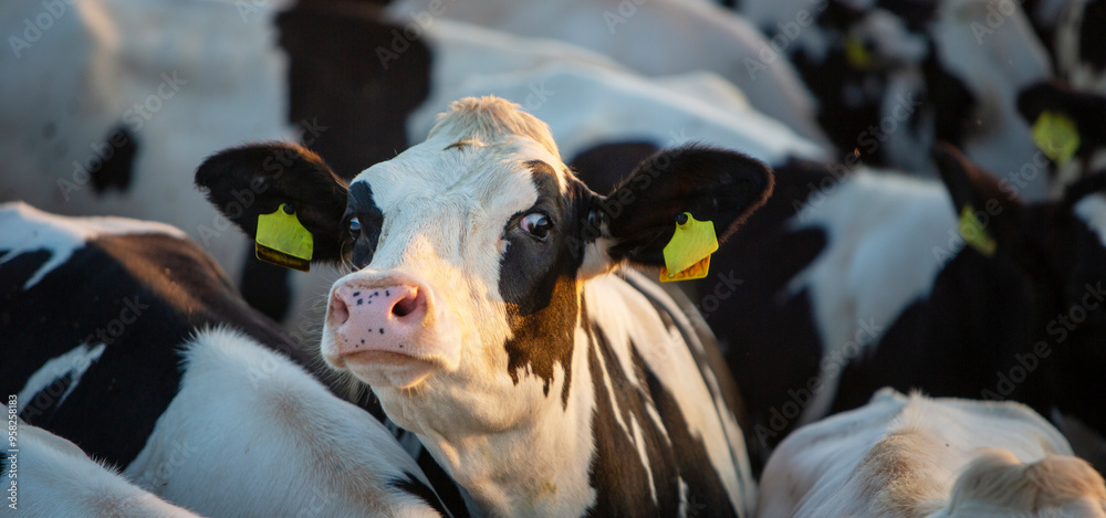 Naklejka premium young cow streches head surrounded by other cows
