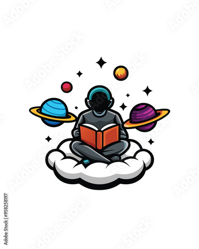 A person sitting on a cloud, reading a book, with planets and stars in the background.