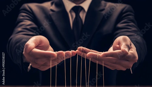 A Man's Hands Holding Strings of a Puppet Master