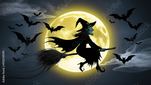 Witch Flying on Broomstick with Bats and Full Moon in Spooky Halloween Scene