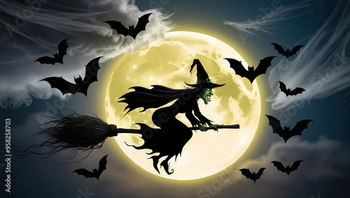 Witch Flying on Broomstick with Bats and Full Moon in Spooky Halloween Scene