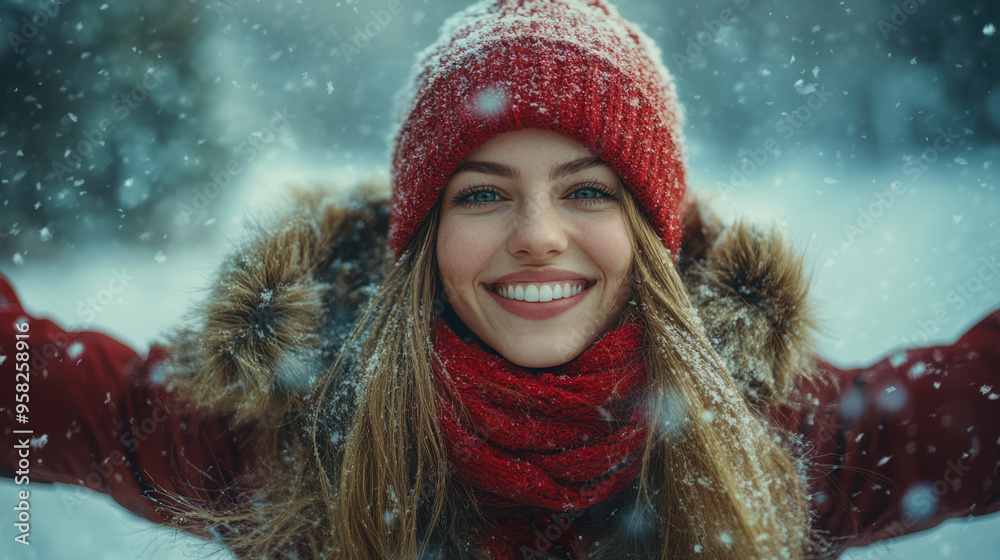 Excited young woman wearing a red winter coat and hat, enjoying the snowfall outdoors. Cold weather, joy, and seasonal celebration in a winter wonderland. Excited young woman wearing a red winter coat and hat, enjoying the snowfall outdoors. Cold weather, joy, and seasonal celebration in a winter wonderland.