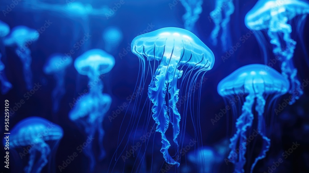 A school of jellyfish, each glowing with blue neon light, swimming in a dark aquarium, creating a mystical and serene underwater view A school of jellyfish, each glowing with blue neon light, swimming in a dark aquarium, creating a mystical and serene underwater view