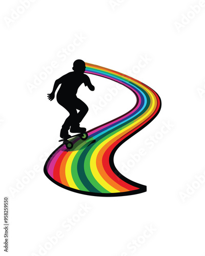 Silhouette of a person skateboarding on a rainbow-colored path.