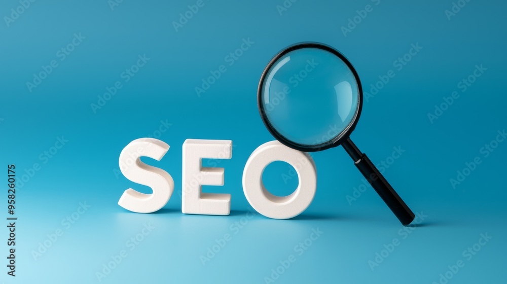 A creative representation of SEO concepts featuring a magnifying glass and the word SEO in 3D style on a vibrant background. A creative representation of SEO concepts featuring a magnifying glass and the word SEO in 3D style on a vibrant background.