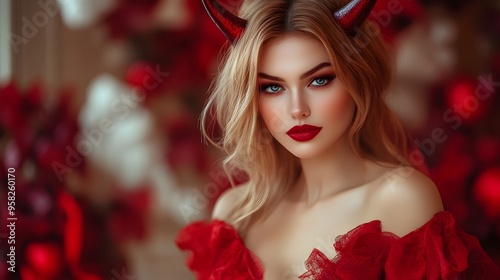 Wallpaper Mural Seductive Devil Woman in Striking Red Costume with Horns for Halloween Torontodigital.ca