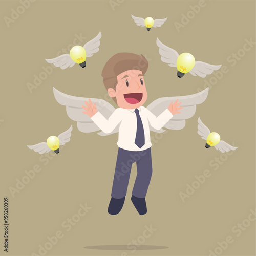 Businessman Fly on a light bulb with wings. The concept of finding an amazing idea, creative inspiration, business insight. vector illustration