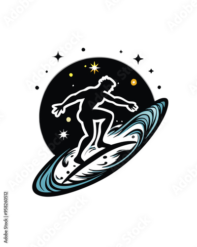 A silhouette of a person surfing on a wave made of swirling stars.