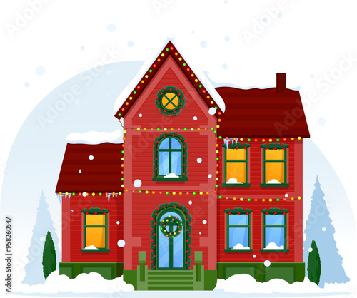 Christmas winter house facade exterior. Isolated vector cottage with festive twinkling lights, a snow-covered roof, and a welcoming wreath, emanating warmth and holiday cheer in the snowy wonderland