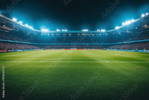 Aesthetic Shot of a Big and Empty Soccer Football Stadium With Crowd Of Fans Cheering in Excitement Before the Match. Lights Are Shining on The Sports Arena Grass Field. Sold Out Stadium Concept , ai