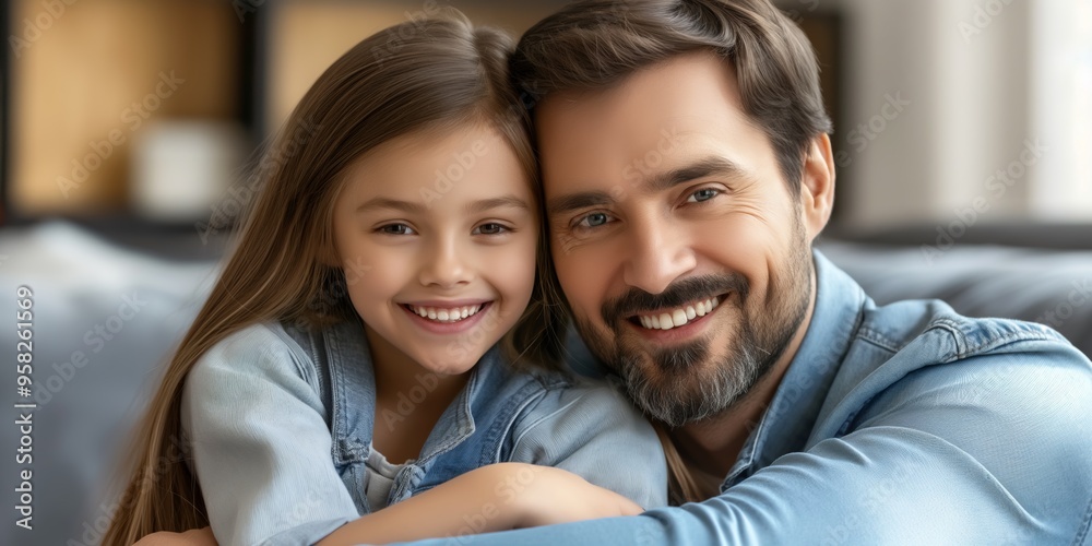 A man and a little girl are sitting on a couch, smiling at the camera. Scene is warm and happy, as the two are enjoying each other's company A man and a little girl are sitting on a couch, smiling at the camera. Scene is warm and happy, as the two are enjoying each other's company