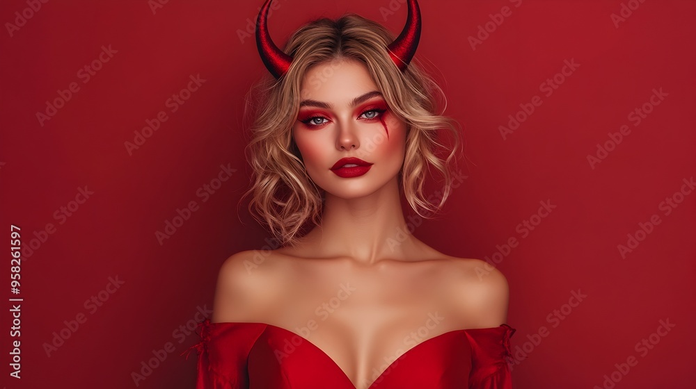 Beautiful Woman Dressed as Devilish Halloween Character in Vibrant Red and Black Beautiful Woman Dressed as Devilish Halloween Character in Vibrant Red and Black
