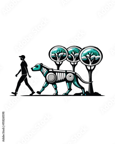 A futuristic illustration depicting a person walking their robot dog in a park.